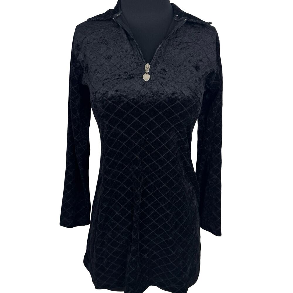 Vintage 90s Black Crushed Velvet Tunic Mini Dress Heart Zipper Whimsigoth S/M